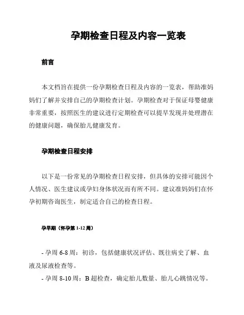 孕期检查日程及内容一览表