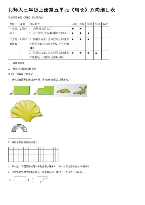 北师大三年级上册第五单元《周长》双向细目表