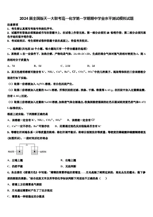2024届全国版天一大联考高一化学第一学期期中学业水平测试模拟试题含解析