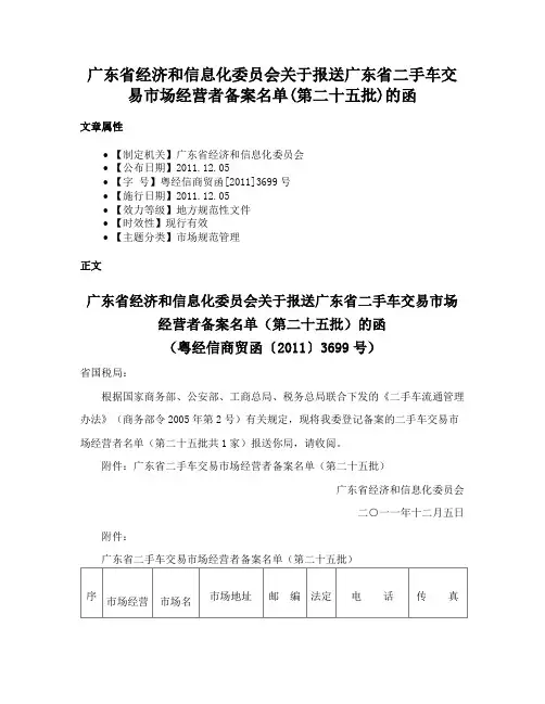 广东省经济和信息化委员会关于报送广东省二手车交易市场经营者备案名单(第二十五批)的函