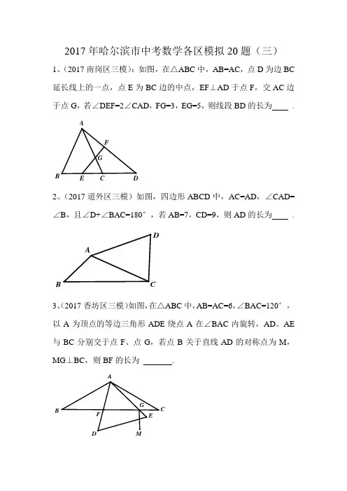 2017年哈尔滨市中考数学各区模拟20题及答案(三)