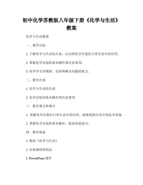 初中化学苏教版八年级下册《化学与生活》教案