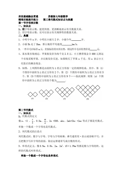 苏教版七年级数学 第三章代数式知识点与典题