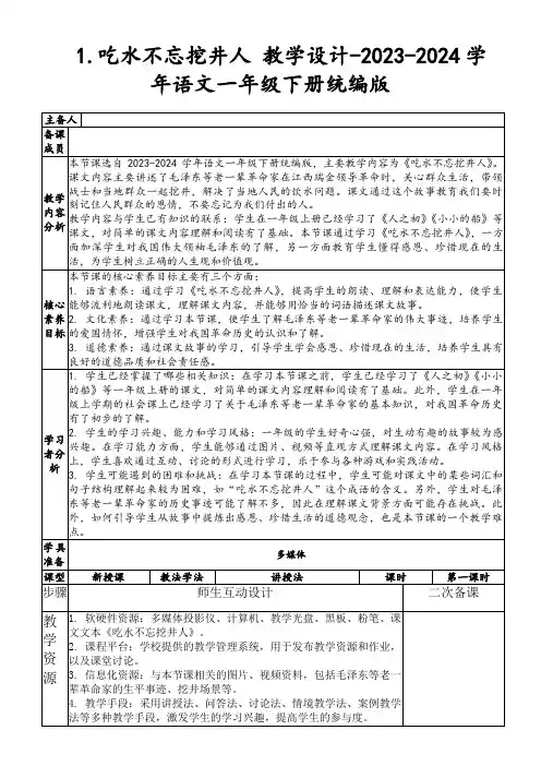 1.吃水不忘挖井人教学设计-2023-2024学年语文一年级下册统编版