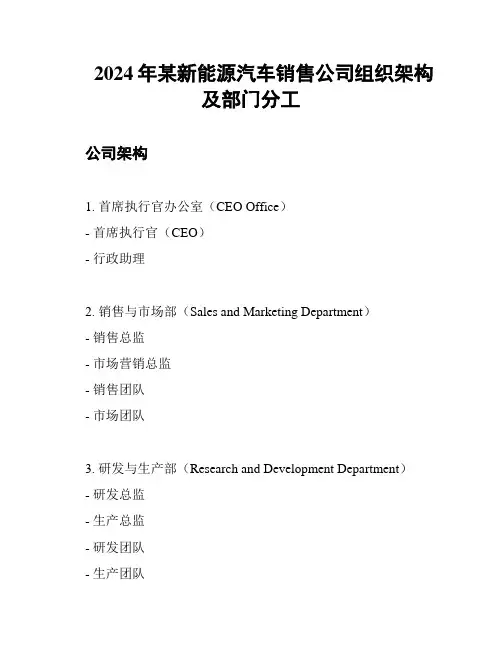 2024年某新能源汽车销售公司组织架构及部门分工