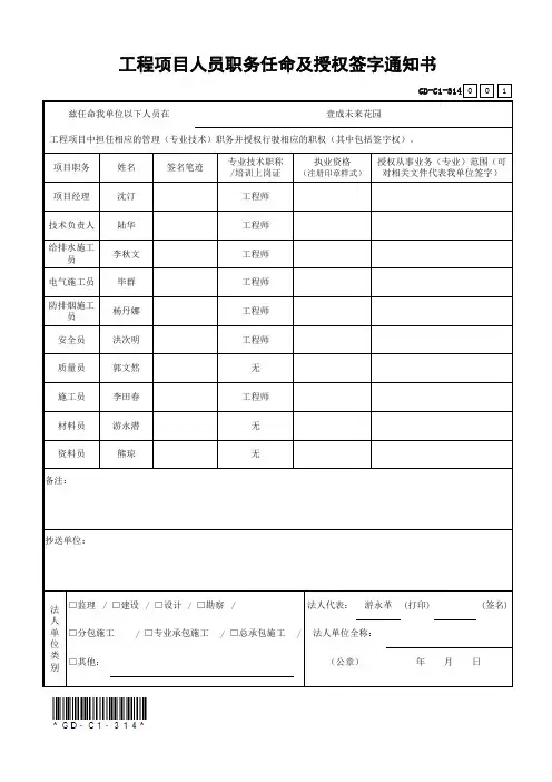 工程项目人员职务任命及授权签字通知书
