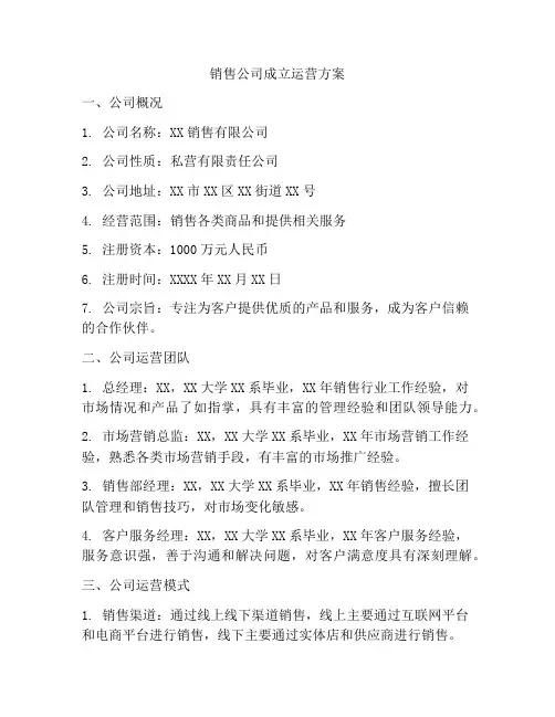 销售公司成立运营方案