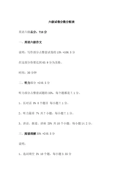 六级试卷分数分配表