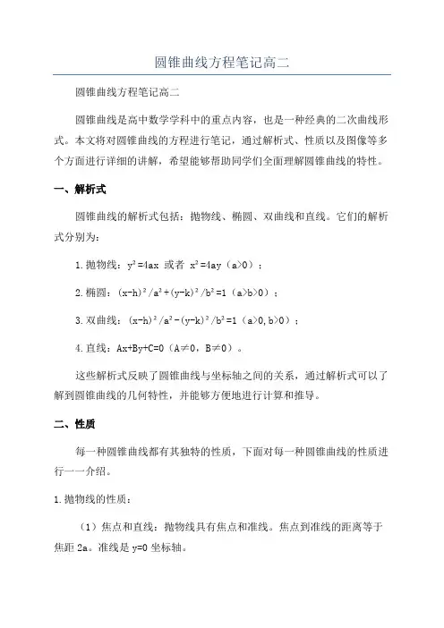 圆锥曲线方程笔记高二