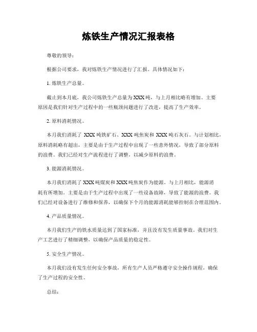 炼铁生产情况汇报表格