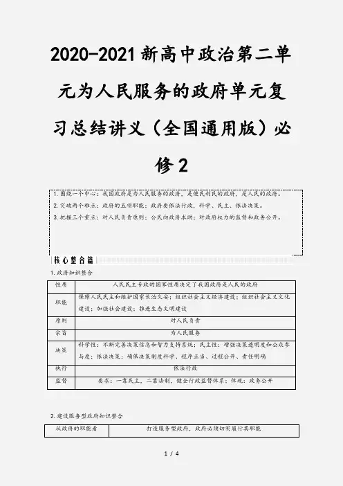 2020-2021新高中政治第二单元为人民服务的政府单元复习总结讲义(全国通用版)必修2 