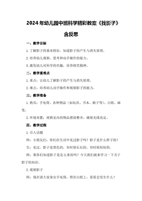 2024年幼儿园中班科学精彩教案《找影子》含反思