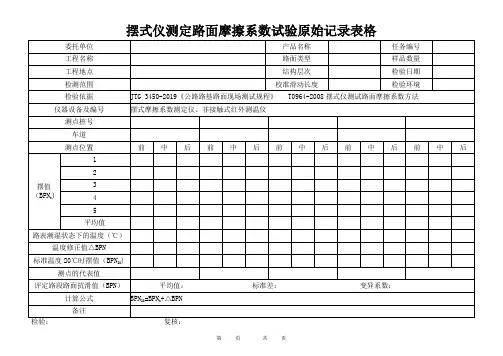 摆式仪测定路面摩擦系数试验原始记录表格