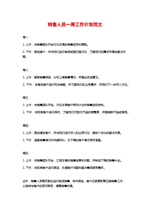 销售人员一周工作计划范文