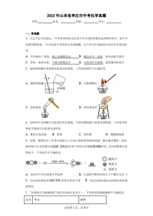 2023年山东省枣庄市中考化学真题(含答案)