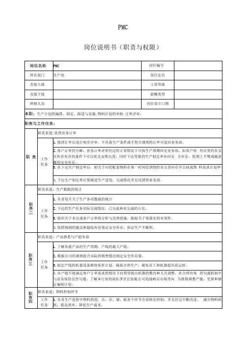 PMC部门工作岗位说明书,PMC人员的职责与工作任务要求