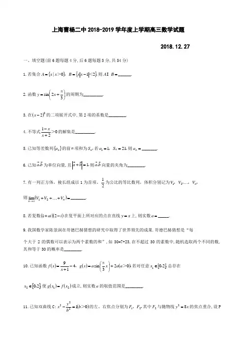 上海曹杨二中2018-2019学年度上学期高三数学试题