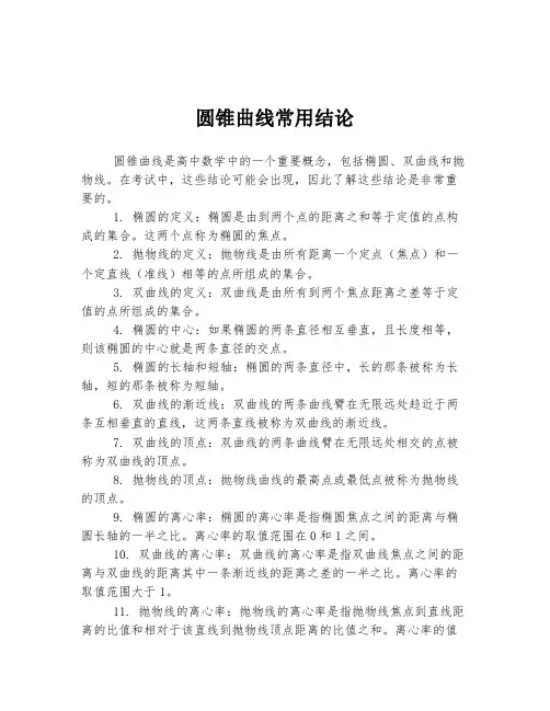 圆锥曲线常用结论