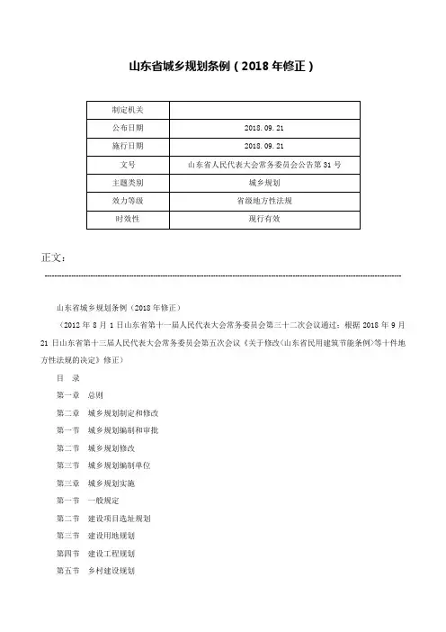 山东省城乡规划条例（2018年修正）-山东省人民代表大会常务委员会公告第31号