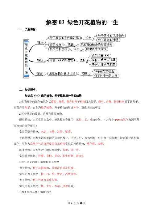 中考生物考前知识点汇总精品-专题03 绿色开花植物的一生