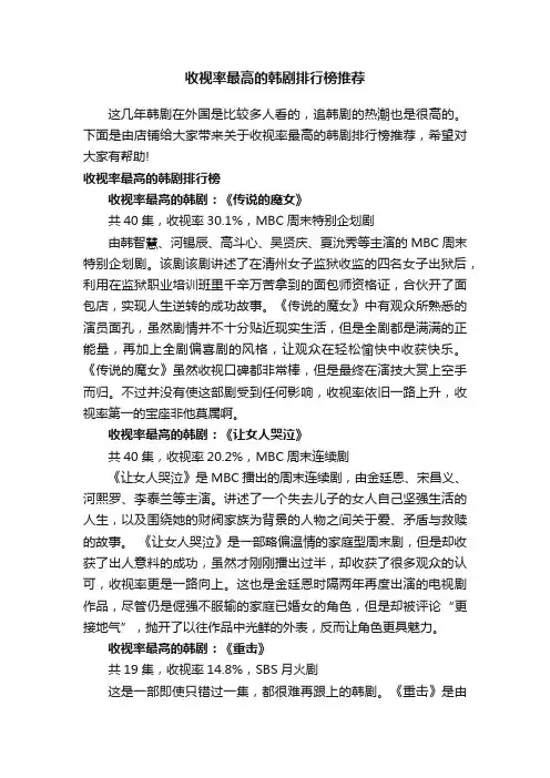 收视率最高的韩剧排行榜推荐