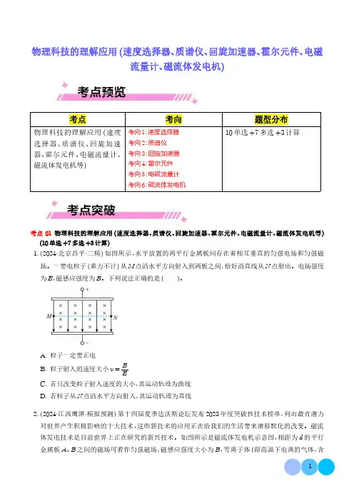 高中物理科技的理解应用(速度选择器、质谱仪、回旋加速器、霍尔元件、电磁流量计、磁流体发电机等)学生版