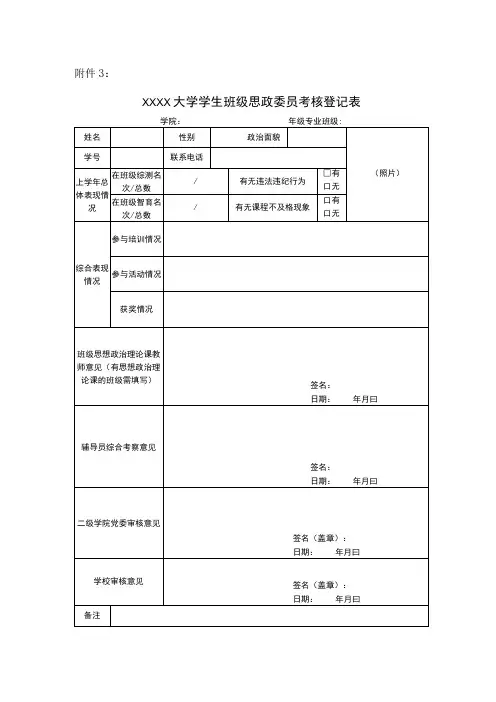 大学学生班级思政委员考核登记表