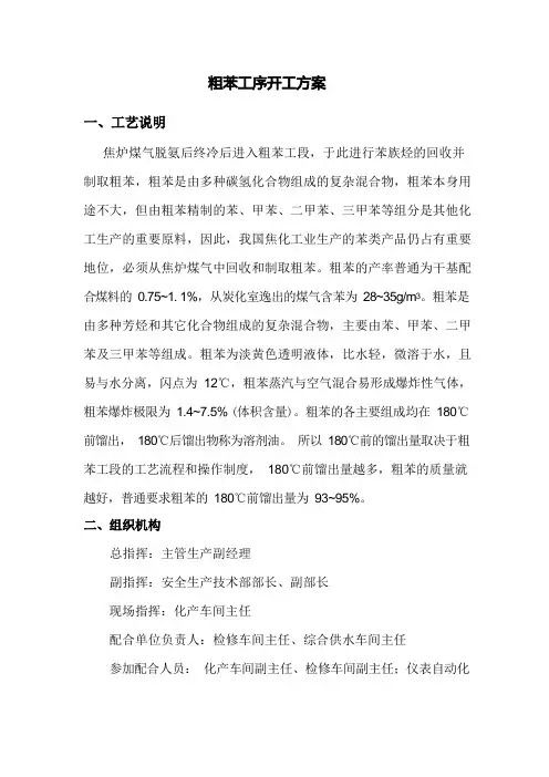 化产车间粗苯工序开工方案