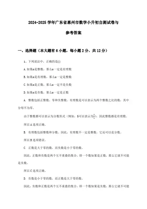 广东省惠州市数学小升初2024-2025学年自测试卷与参考答案