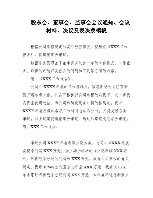 股东会、董事会、监事会会议通知、会议材料、决议及表决票模板