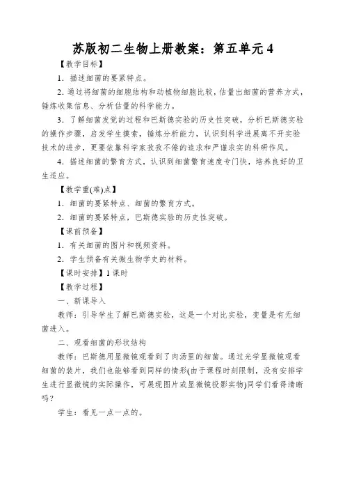 苏版初二生物上册教案：第五单元细菌