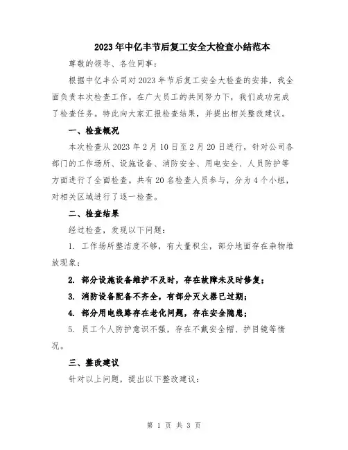 2023年中亿丰节后复工安全大检查小结范本