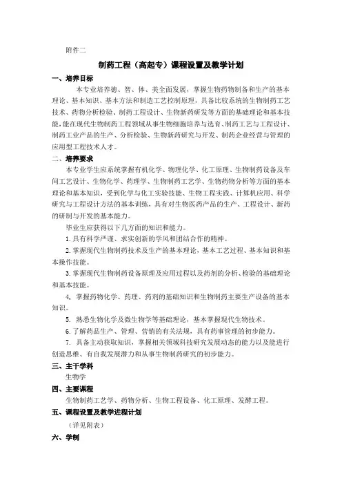 制药工程(高起专)课程设置及教学计划