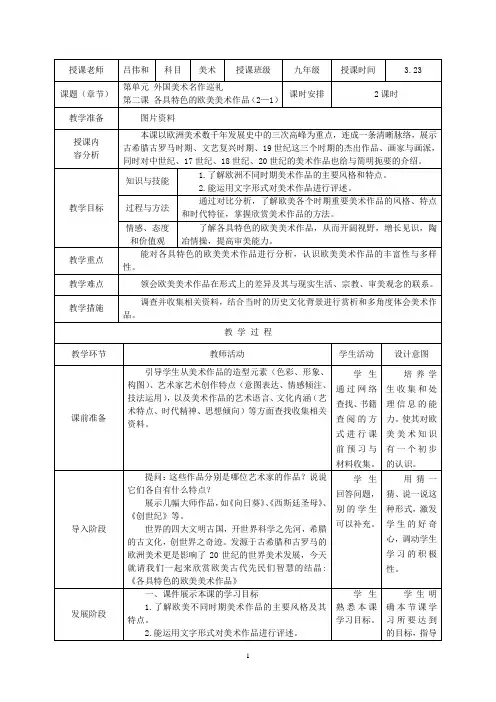 《各具特色的欧美美术作品》教学案和资料剖析