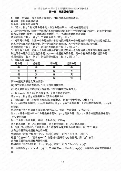 高二数学选修2-1第一章常用逻辑用语-知识点+习题+答案