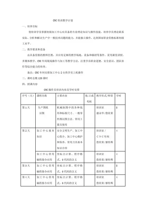 加工中心培训教学计划