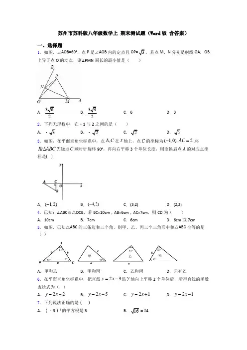 苏州市苏科版八年级数学上 期末测试题(Word版 含答案)