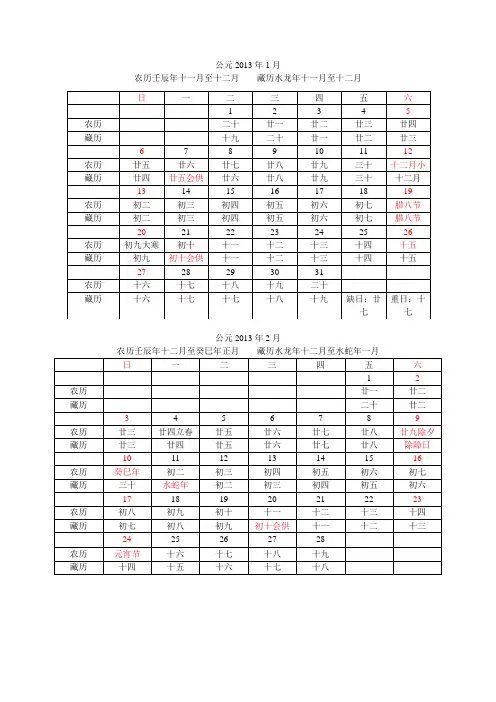 2013年藏汉历简易对照表佛弟子打印版