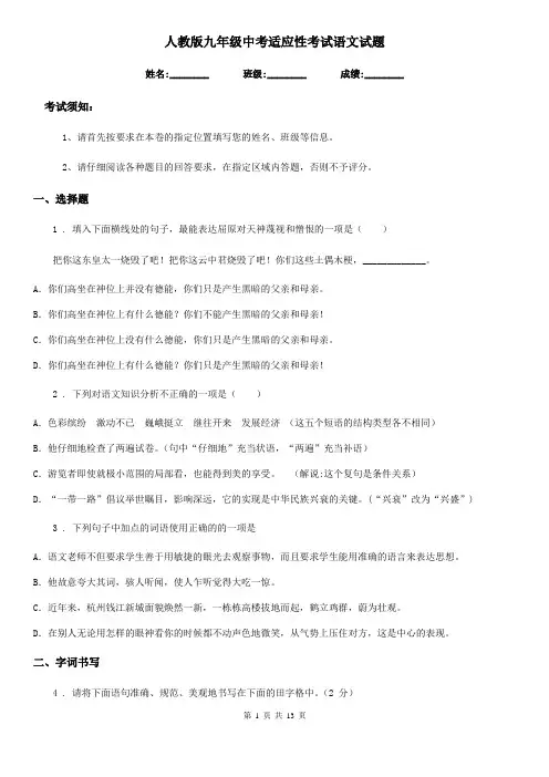 人教版九年级中考适应性考试语文试题