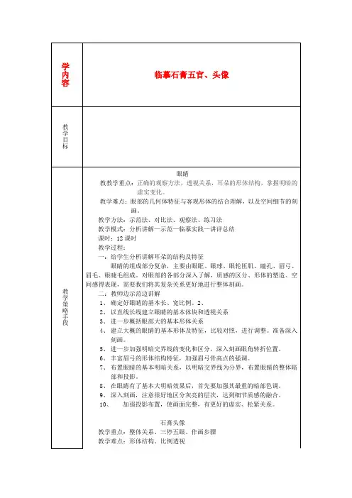 高二美术《临摹石膏五官、头像》教案 新人教版