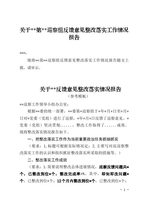 巡察反馈问题整改情况报告模板