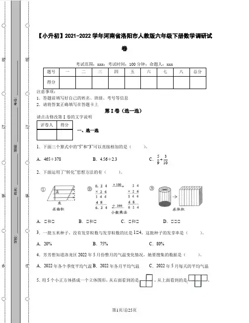 【小升初】2021-2022学年河南省洛阳市人教版六年级下册数学调研试卷(含答案)