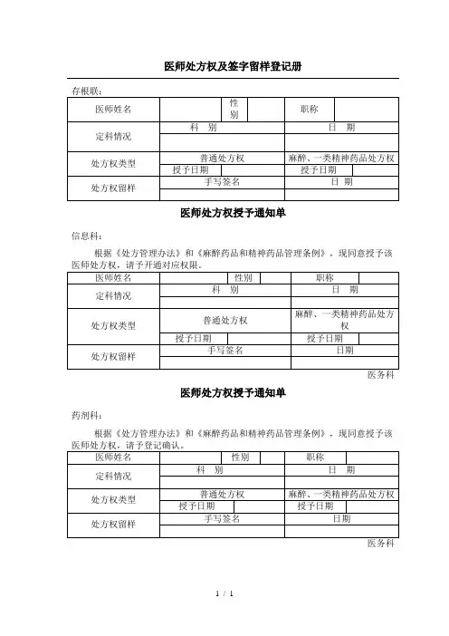 医师处方权及签字留样登记册