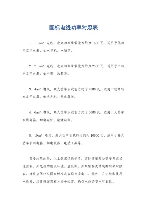 国标电线功率对照表