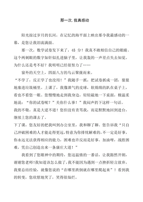 中考满分作文、中学生优秀作文：《那一次,我真感动》