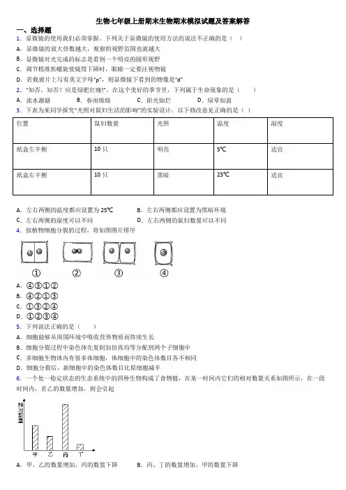 生物七年级上册期末生物期末模拟试题及答案解答