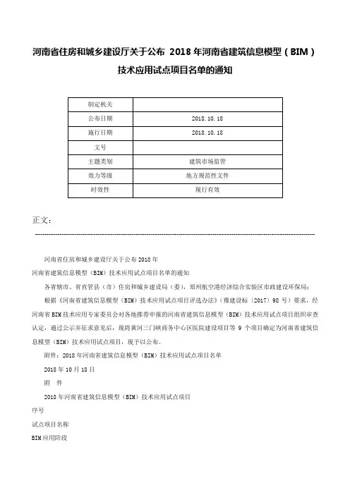 河南省住房和城乡建设厅关于公布 2018年河南省建筑信息模型（BIM）技术应用试点项目名单的通知-