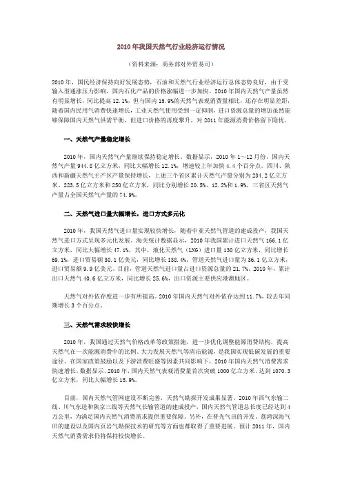 2010年我国天然气行业经济运行情况