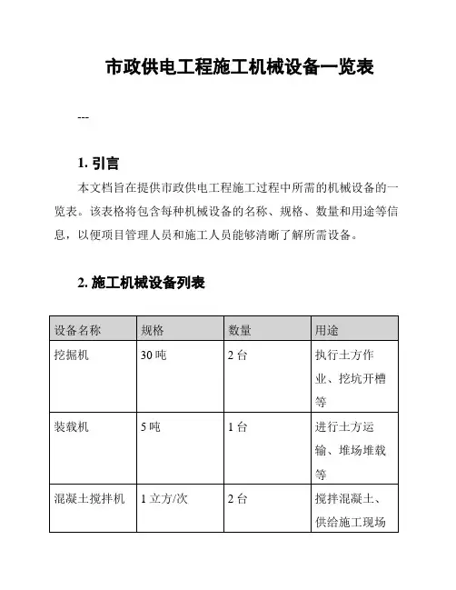 市政供电工程施工机械设备一览表