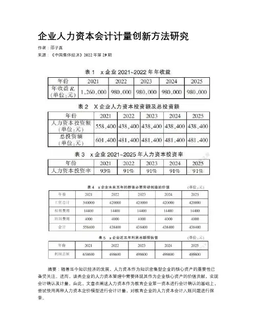 企业人力资本会计计量创新方法研究